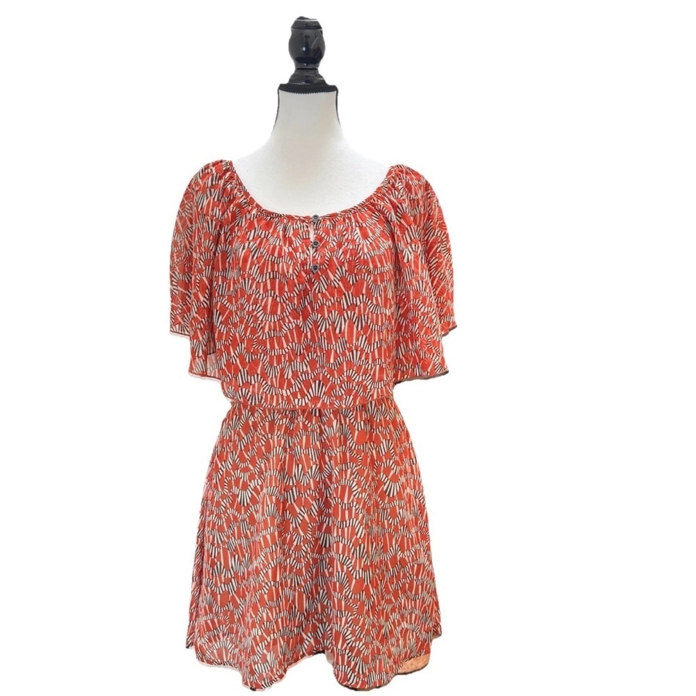 Forever 21 Cape Shoulder Mini Dress SZ S/P Burnt Orange Black White Boho Chic
